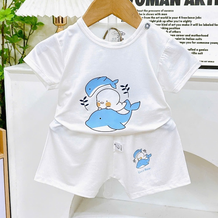 Bộ quần áo CỘC TAY NỀN TRẮNG KEM thun lạnh họa tiết thú đáng yêu cho bé trai bé gái 4-14kg mesocshop