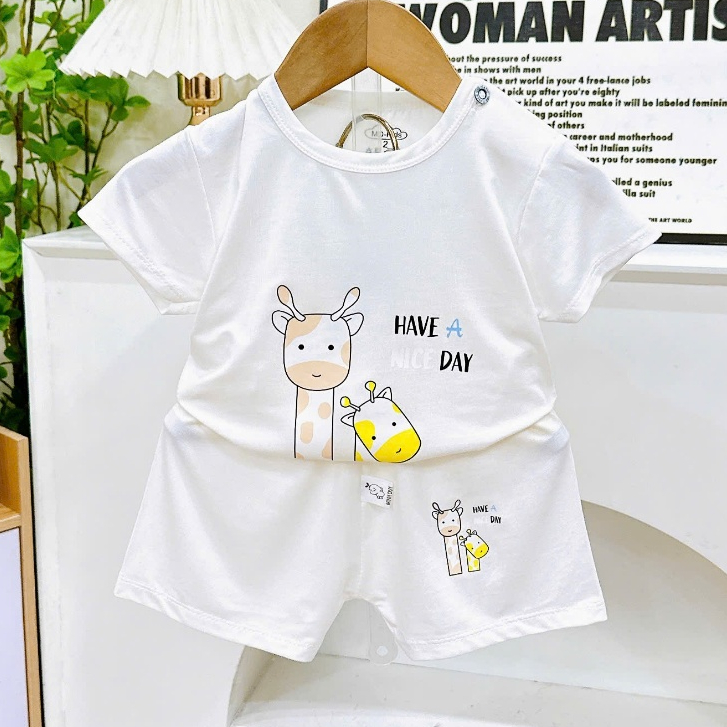 Bộ quần áo CỘC TAY NỀN TRẮNG KEM thun lạnh họa tiết thú đáng yêu cho bé trai bé gái 4-14kg mesocshop