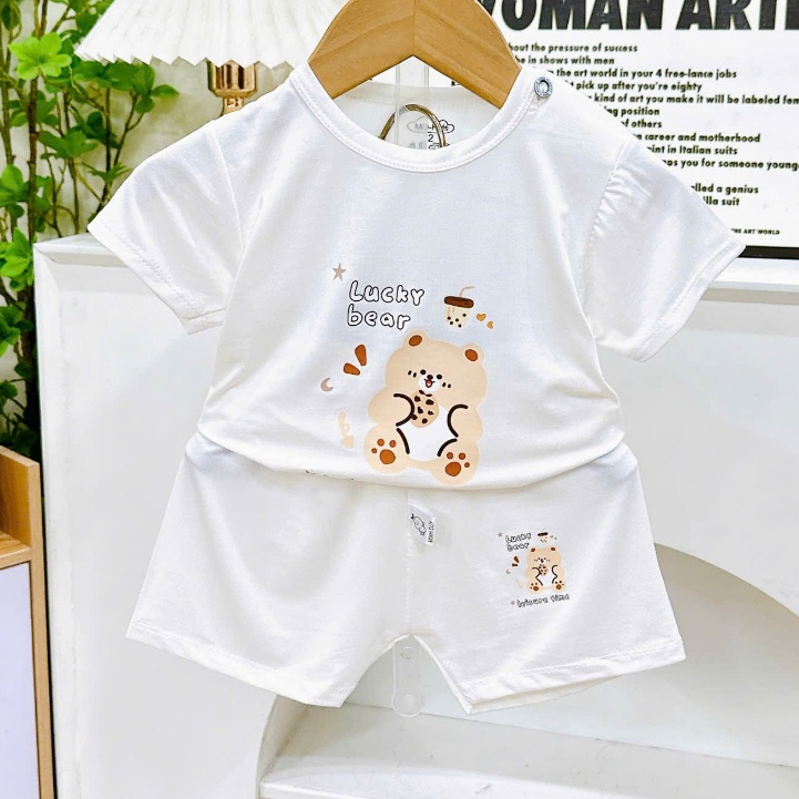 Bộ quần áo CỘC TAY NỀN TRẮNG KEM thun lạnh họa tiết thú đáng yêu cho bé trai bé gái 4-14kg mesocshop