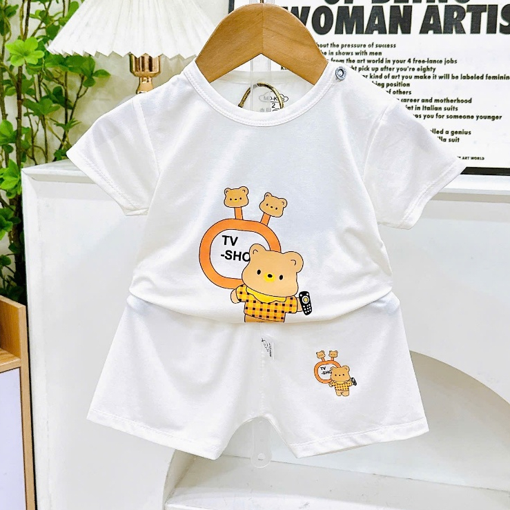 Bộ quần áo CỘC TAY NỀN TRẮNG KEM thun lạnh họa tiết thú đáng yêu cho bé trai bé gái 4-14kg mesocshop