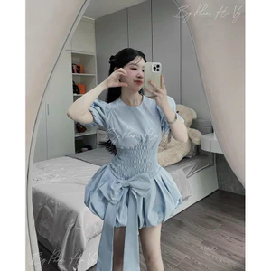 Váy thô bo chun eo dáng bom tay phồng phối nơ bản to hottrend