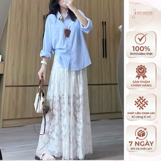 Set áo sơ mi sọc xanh tay dài phối chân váy ren hoa dáng dài xoè trong suốt hottrend freesize dưới 56kg _SEP House