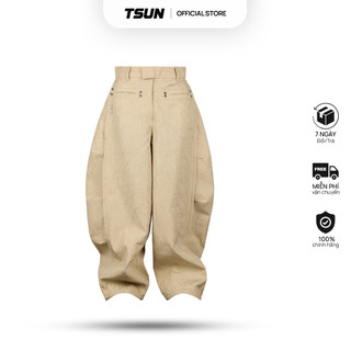 TSUN - Quần Balloon Cạp Cao Dáng Rộng Màu Be, Oversize - Vải Dập Nổi 3D -Túi Sau Nhún Bèo-Streetwear