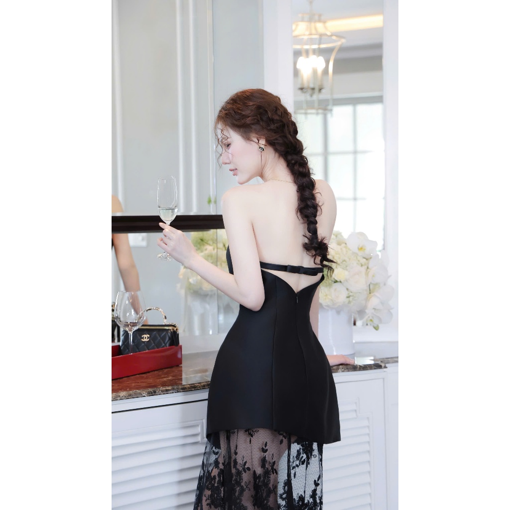 Đầm váy nữ chiết eo phối ren dáng dài basic, Đầm váy nữ cup ngực phối chân váy ren dài sang trọng