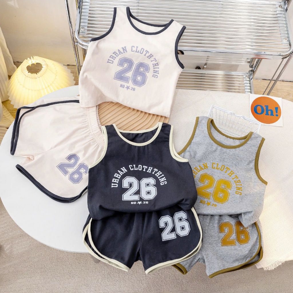 Bộ quần áo hè ba lỗ thể thao bé trai SỐ 26 chất vải cotton phối viền co giãn mềm mại 3 màu cho bé trai size 8-24kg
