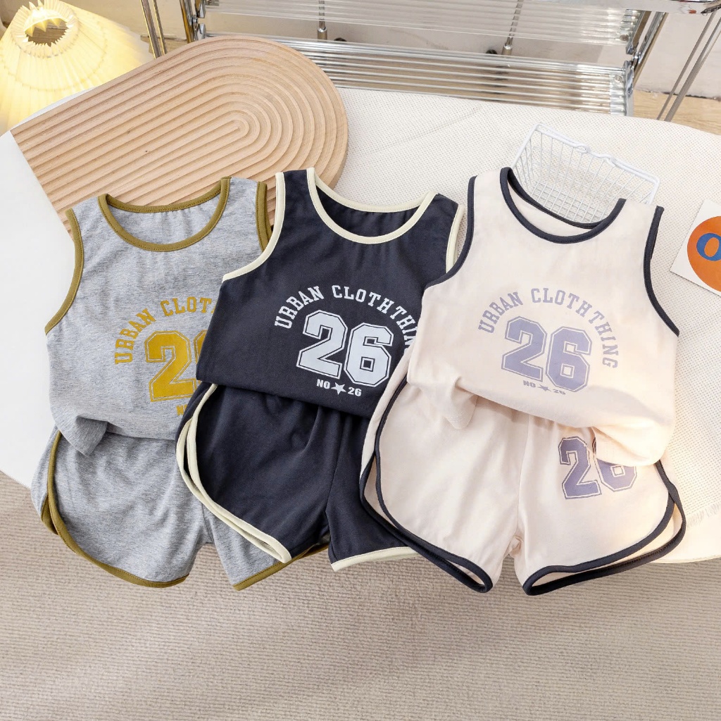 Bộ quần áo hè ba lỗ thể thao bé trai SỐ 26 chất vải cotton phối viền co giãn mềm mại 3 màu cho bé trai size 8-24kg