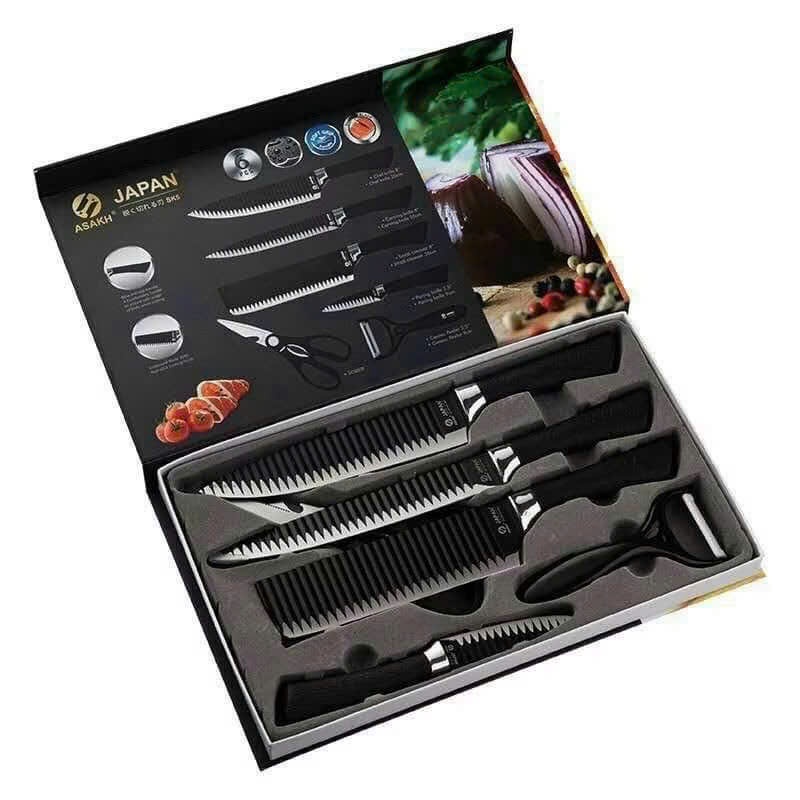 Bộ Dao Kéo Nhà Bếp An Toàn Cho Gia Đình,Bộ Dao Nhật Lưỡi Lượn Sóng Xuất Nhật - SET 6 MÓN TIỆN DỤNG LÀM BẾP SẮC BÉN