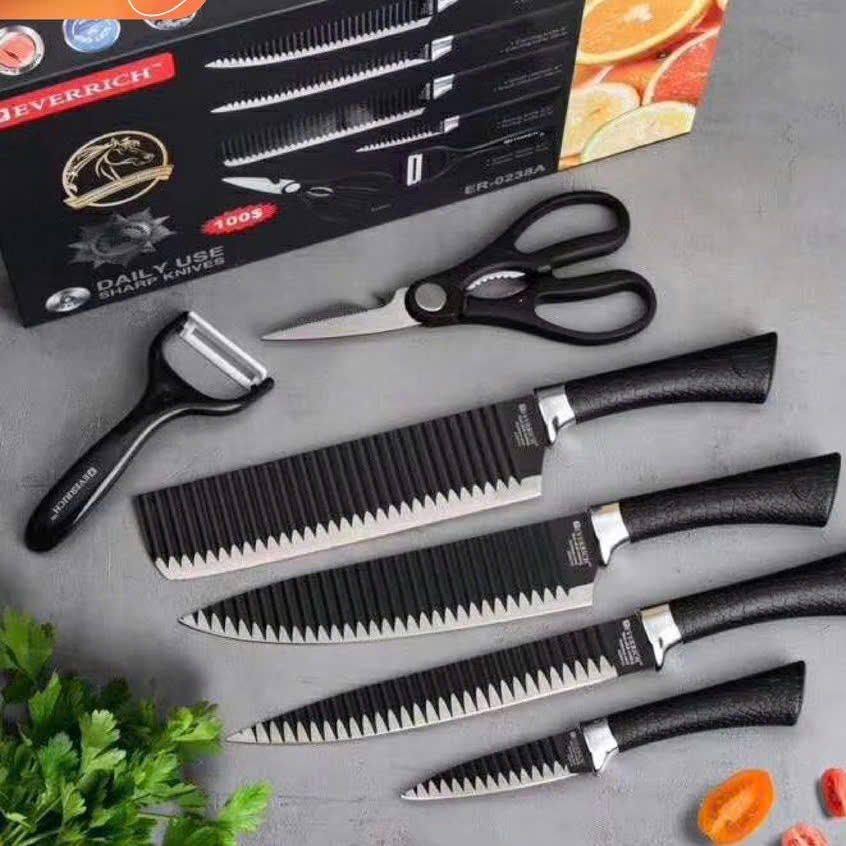 Bộ Dao Kéo Nhà Bếp An Toàn Cho Gia Đình,Bộ Dao Nhật Lưỡi Lượn Sóng Xuất Nhật - SET 6 MÓN TIỆN DỤNG LÀM BẾP SẮC BÉN