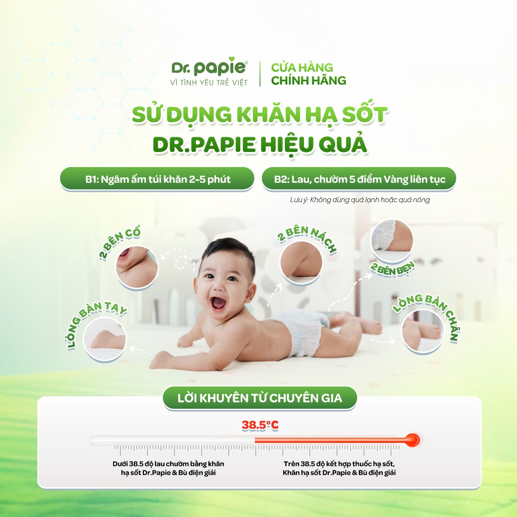 [Live] Khăn Hạ Sốt Bé Sơ Sinh Chiết Xuất Thảo Dược Giảm Sốt Chuẩn Nhi Khoa Dr.Papie 0+ (25 khăn/hộp)