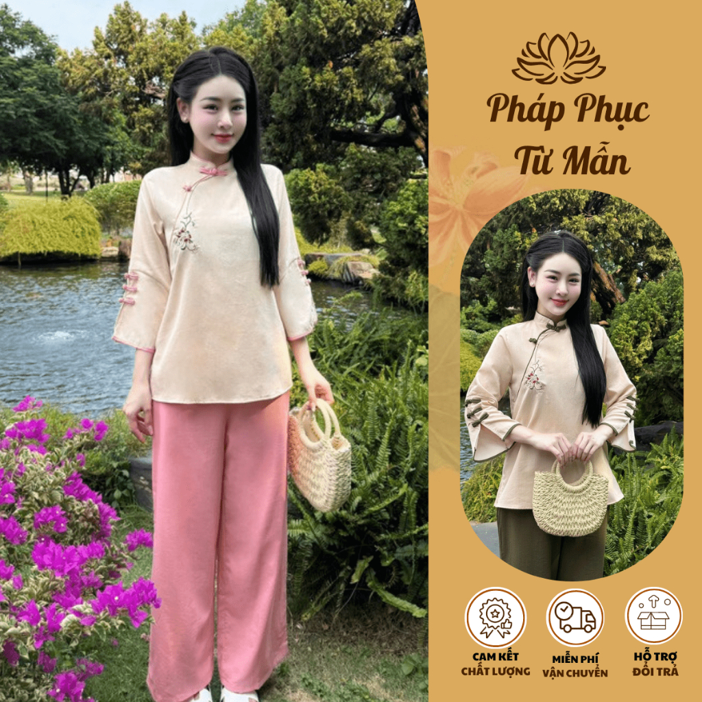 Pháp phục đi chùa cổ tàu thêu hoa vải đũi xước Nhật Bộ đồ đi lễ truyền thống tay lỡ phối khuy tết đũi mềm Thanh lịch