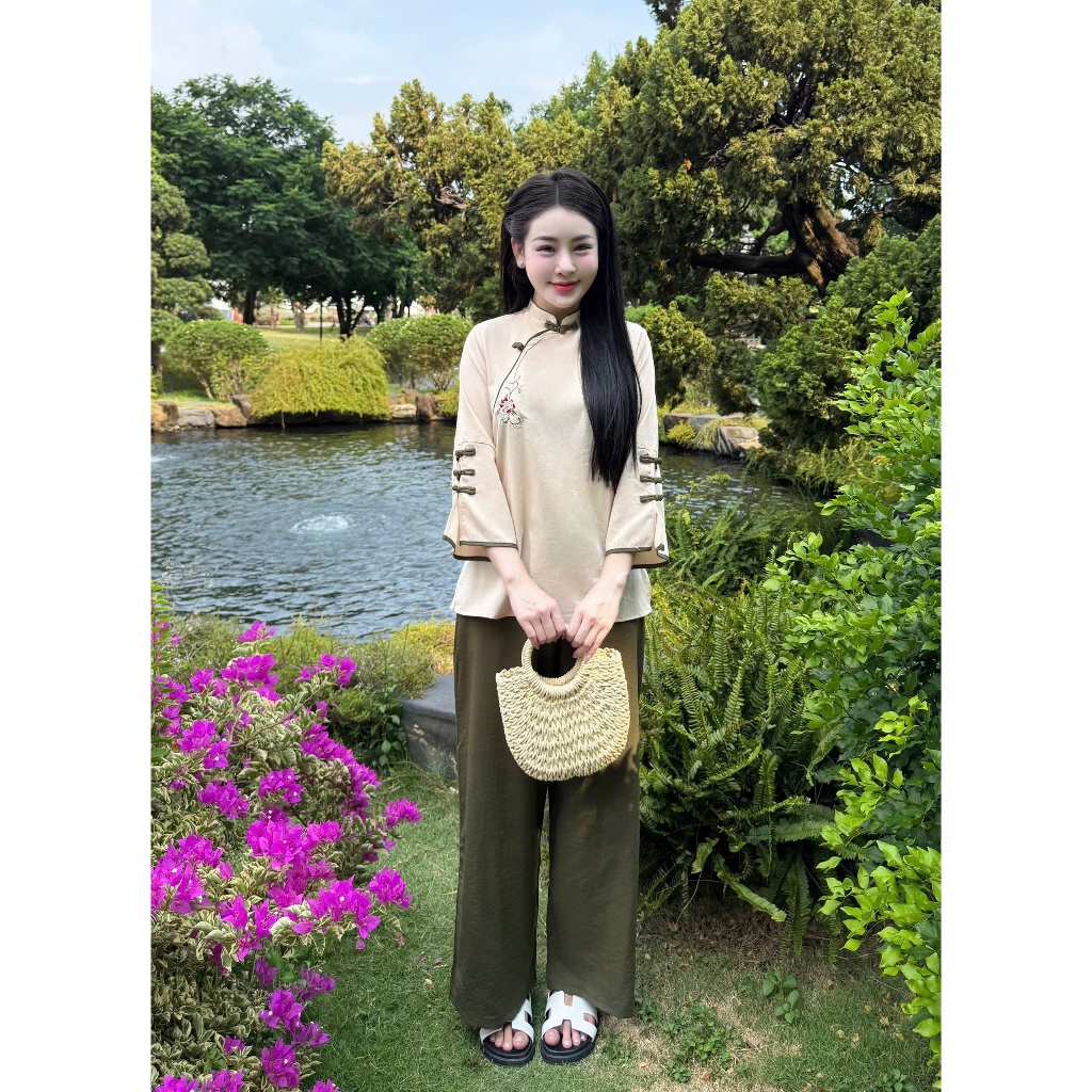 Pháp phục đi chùa cổ tàu thêu hoa vải đũi xước Nhật Bộ đồ đi lễ truyền thống tay lỡ phối khuy tết đũi mềm Thanh lịch