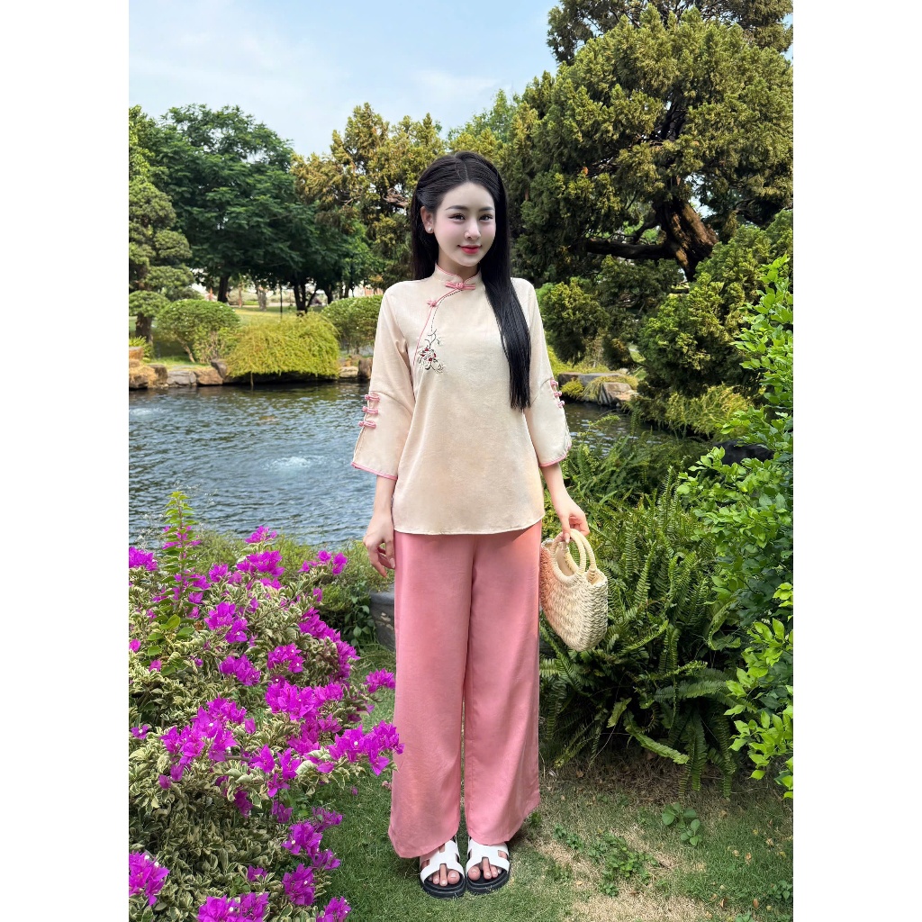 Pháp phục đi chùa cổ tàu thêu hoa vải đũi xước Nhật Bộ đồ đi lễ truyền thống tay lỡ phối khuy tết đũi mềm Thanh lịch