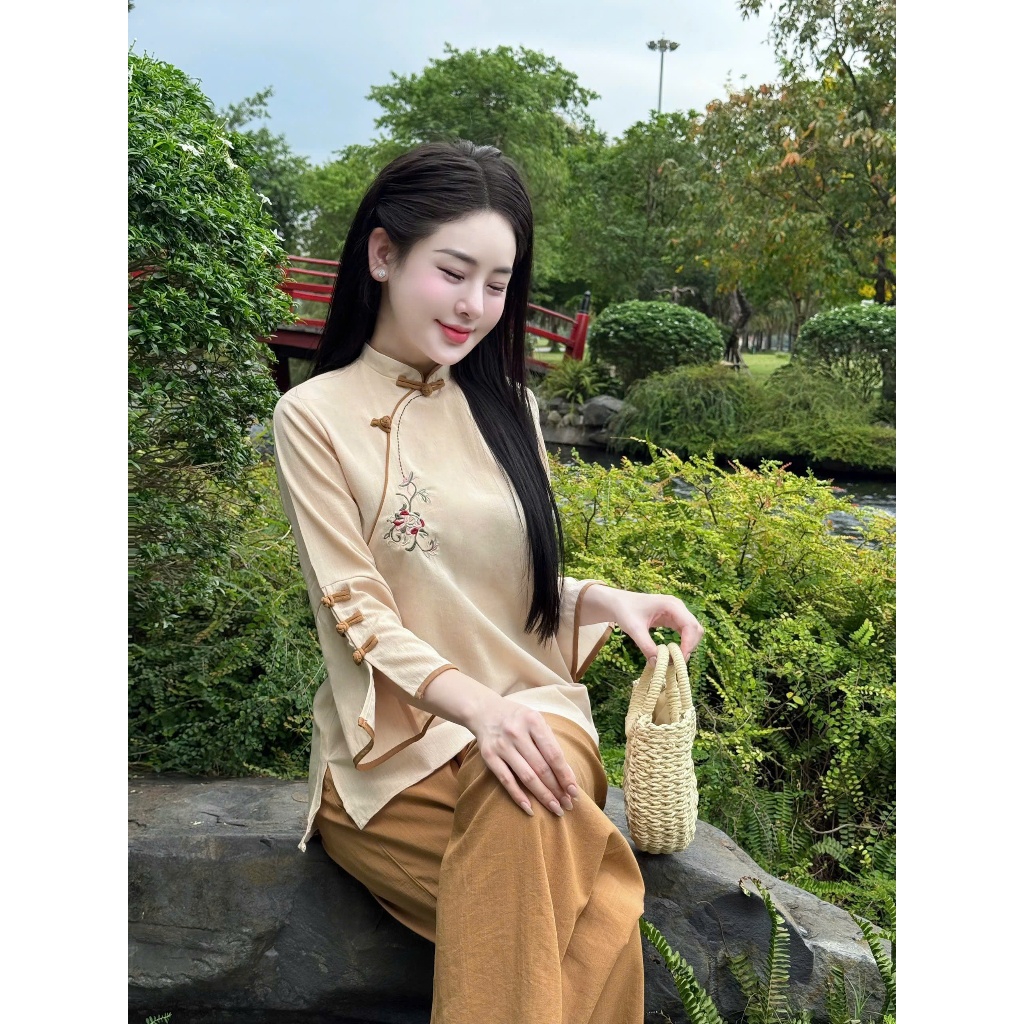 Pháp phục đi chùa cổ tàu thêu hoa vải đũi xước Nhật Bộ đồ đi lễ truyền thống tay lỡ phối khuy tết đũi mềm Thanh lịch