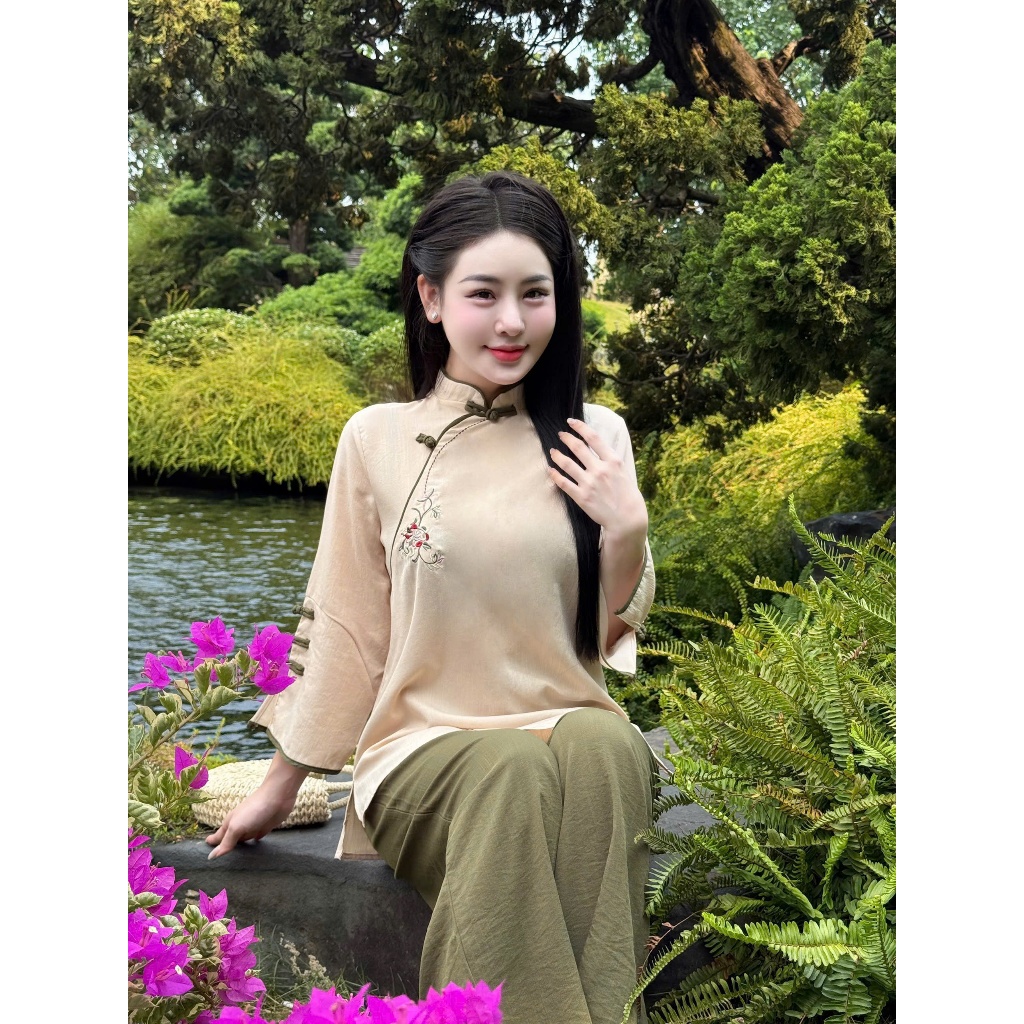 Pháp phục đi chùa cổ tàu thêu hoa vải đũi xước Nhật Bộ đồ đi lễ truyền thống tay lỡ phối khuy tết đũi mềm Thanh lịch