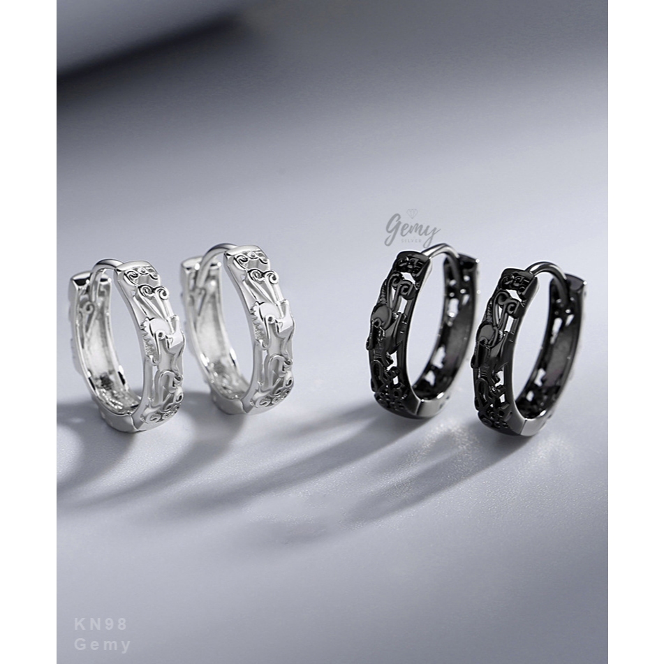 Khuyên tai nam bạc hình rồng tỳ hưu 925 tròn màu đen trắng (1 chiếc) KN126 KN147 KN98 KN133 | GEMY SILVER