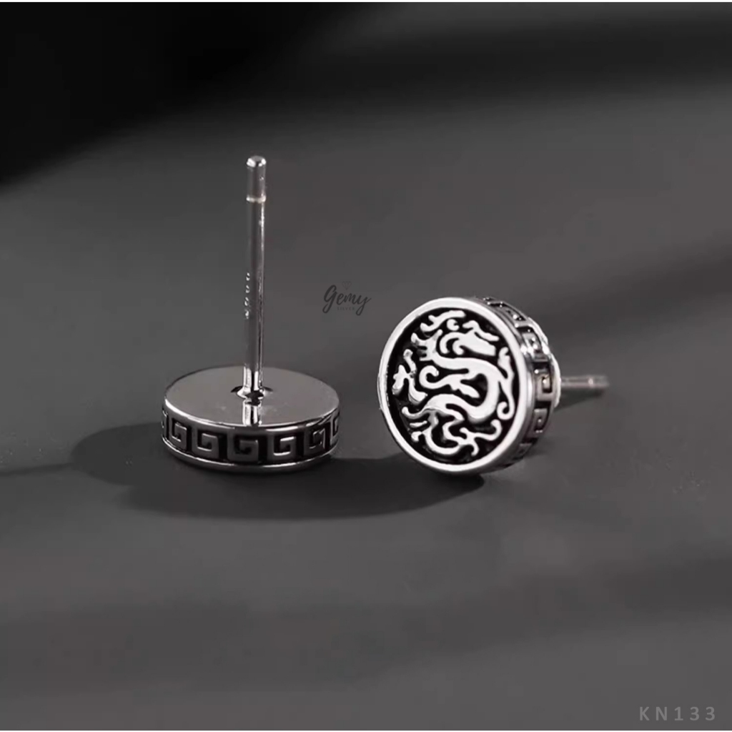 Khuyên tai nam bạc hình rồng tỳ hưu 925 tròn màu đen trắng (1 chiếc) KN126 KN147 KN98 KN133 | GEMY SILVER