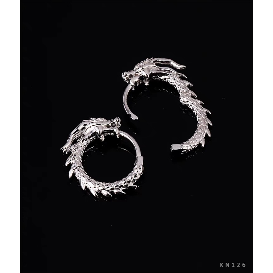 Khuyên tai nam bạc hình rồng tỳ hưu 925 tròn màu đen trắng (1 chiếc) KN126 KN147 KN98 KN133 | GEMY SILVER