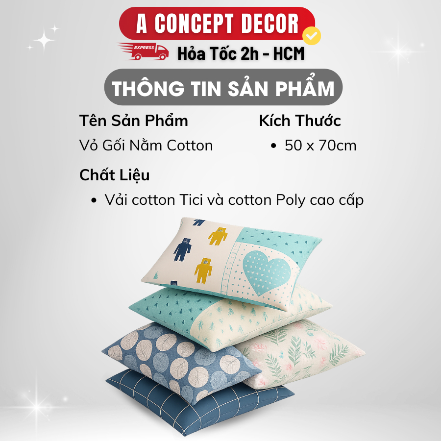 Ảnh Vỏ Gối Nằm Cotton A Concept Decor Áo Gối Nằm Mát Mịn Cao Cấp Vỏ Gối Họa Tiết Đẹp Vải Cotton Tici và Cotton Poly 50x70cm 1