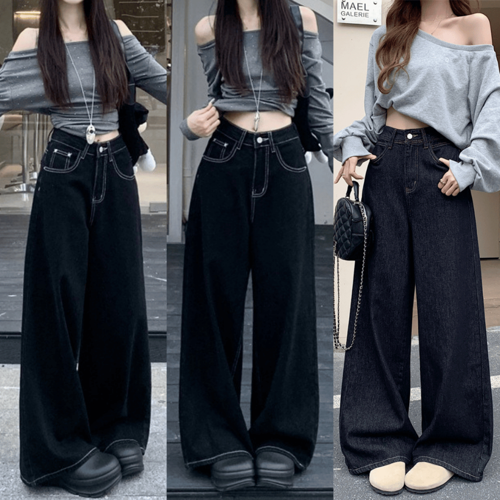 Quần Jean Nữ Xanh Than Đậm Chỉ Nổi Dáng Suông Ống Rộng 28CM Quần Bò Jean Mềm Chỉ Nổi Lưng Cao Ôm Eo Tôn Dáng MIAA