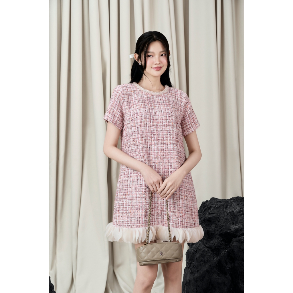 Ảnh RẬP - Đầm Trắng Cổ Tròn Kết Dây Tay Ngắn Phối Voan - PION 04 3