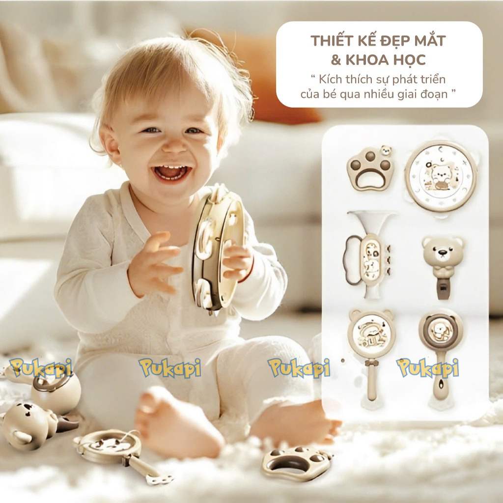 Lục Lạc Cho Bé Xúc Xắc  6 Món Bộ Xúc Xắc Cho Bé Hình Gấu Thỏ Cầm Vali Gặm Nướu Âm Thanh Vui Nhộn- Đồ Chơi Cho Bé PUKAPI