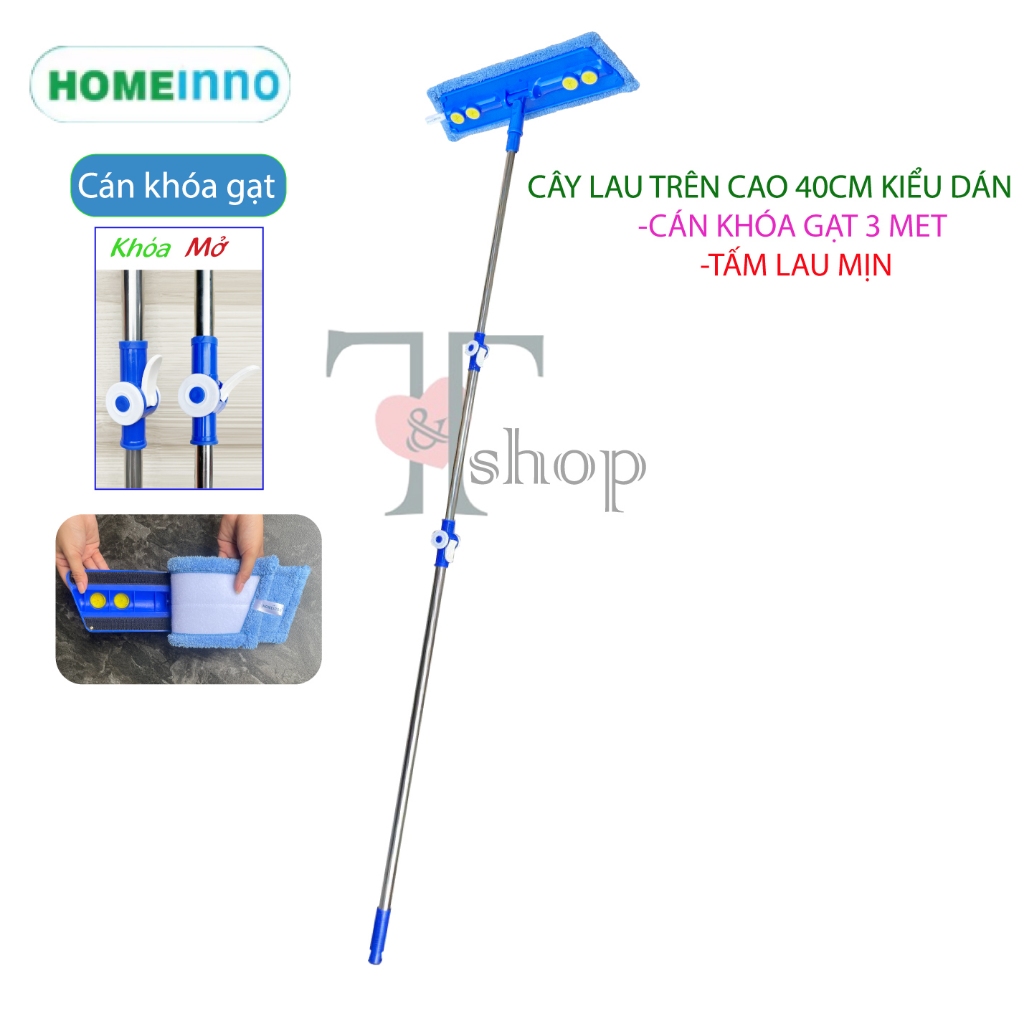 Cây Lau Tường, Lau Trần Nhà, Lau Kính Trên Cao Kiểu Dán 40cm Tấm Lau Siêu Sạch Homeinno Cán Inox 2Met / 3 Met KHÓA GẠT