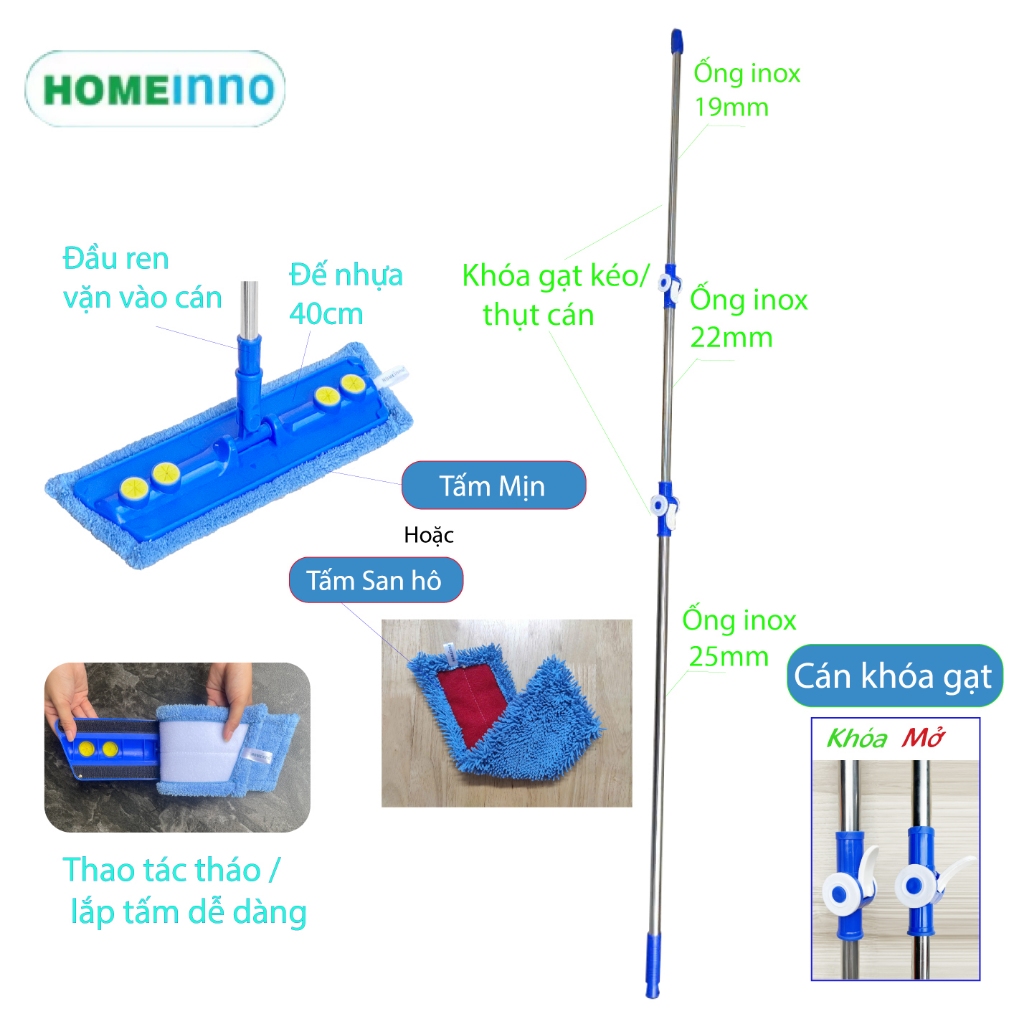 Cây Lau Tường, Lau Trần Nhà, Lau Kính Trên Cao Kiểu Dán 40cm Tấm Lau Siêu Sạch Homeinno Cán Inox 2Met / 3 Met KHÓA GẠT