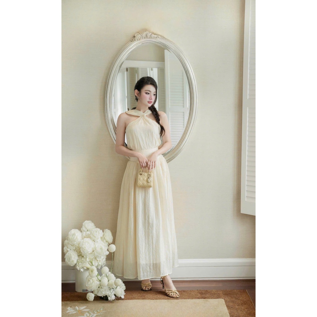 Đầm váy ren lỗ xoắn cổ chiết eo dáng dài, Váy cổ yếm hở vai chiết eo dáng xoè đơn giản sang chảnh XANH KEM