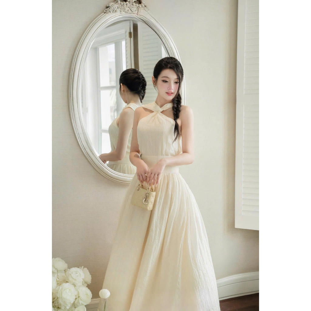 Đầm váy ren lỗ xoắn cổ chiết eo dáng dài, Váy cổ yếm hở vai chiết eo dáng xoè đơn giản sang chảnh XANH KEM