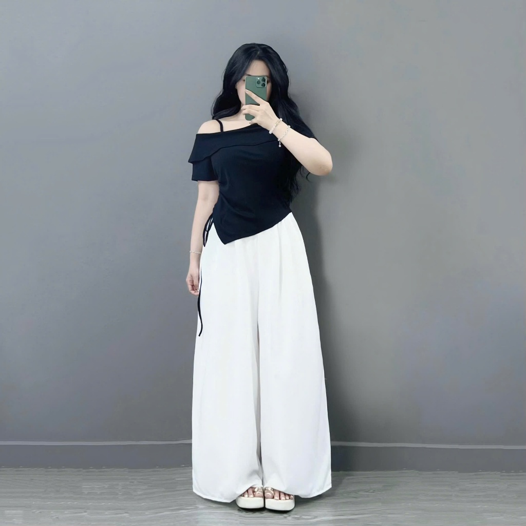 Bộ Đồ Hè Nữ BigSize Kiểu ,Set Áo Thun Trễ Vai Kèm Quần Suông Ống Rộng Vải Mềm Mịn Mát SET980