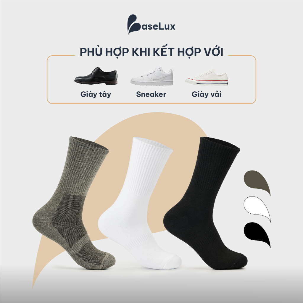 Tất cổ cao BaseLux tất cotton mềm mại, vớ cổ cao kháng khuẩn khử mùi, tất nam cổ cao basic phong cách Hàn Quốc