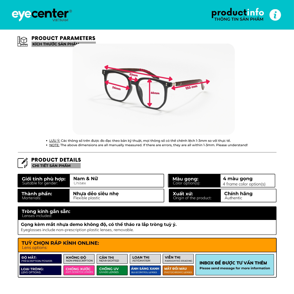Ảnh Gọng kính cận nam nữ chính hãng EYECENTER B147S nhựa dẻo siêu nhẹ nhập khẩu by Eye Center Vietnam 2