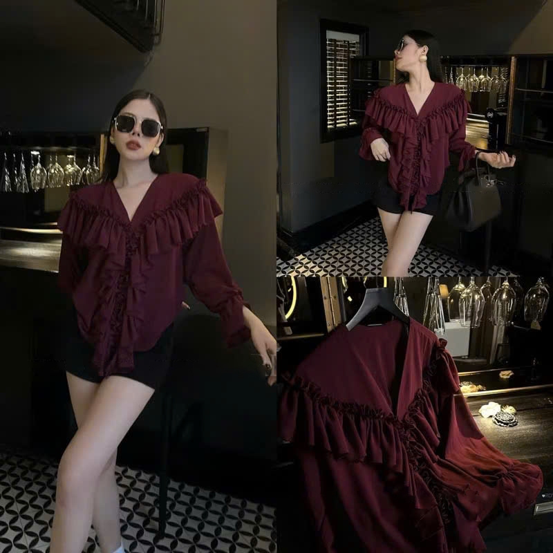 Áo Kiểu Nữ Cổ V Xẻ Sâu Phối Bèo Tầng Sang Chảnh, Áo Sơ Mi Voan Tơ Bánh Bèo Đi Tiệc Hot - CHAMIE STUDIO