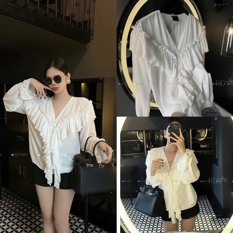 Áo Kiểu Nữ Cổ V Xẻ Sâu Phối Bèo Tầng Sang Chảnh, Áo Sơ Mi Voan Tơ Bánh Bèo Đi Tiệc Hot - CHAMIE STUDIO