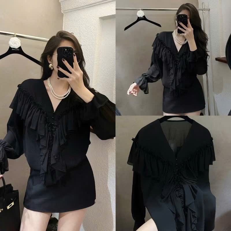 Áo Kiểu Nữ Cổ V Xẻ Sâu Phối Bèo Tầng Sang Chảnh, Áo Sơ Mi Voan Tơ Bánh Bèo Đi Tiệc Hot - CHAMIE STUDIO