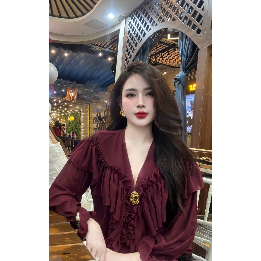 Áo Kiểu Nữ Cổ V Xẻ Sâu Phối Bèo Tầng Sang Chảnh, Áo Sơ Mi Voan Tơ Bánh Bèo Đi Tiệc Hot - CHAMIE STUDIO