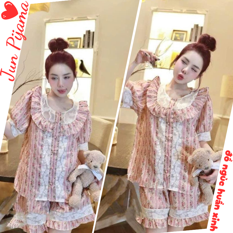 Set đồ ngủ nữ hoa nhí tay bồng cổ sen ren dễ thương, bộ pijama nữ mặc nhà chất lụa cotton mặc hè thoáng mát HCOM25155