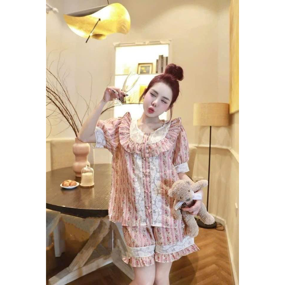 Set đồ ngủ nữ hoa nhí tay bồng cổ sen ren dễ thương, bộ pijama nữ mặc nhà chất lụa cotton mặc hè thoáng mát HCOM25155