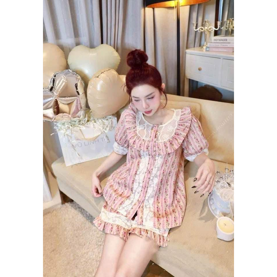 Set đồ ngủ nữ hoa nhí tay bồng cổ sen ren dễ thương, bộ pijama nữ mặc nhà chất lụa cotton mặc hè thoáng mát HCOM25155