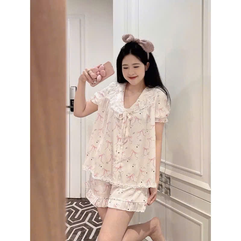 Set đồ ngủ nữ tay ngắn đùi họa tiết nơ dễ thương, bộ pijama nữ mặc nhà chất lụa mát mịn thoáng mát rộng rãi hcom25224