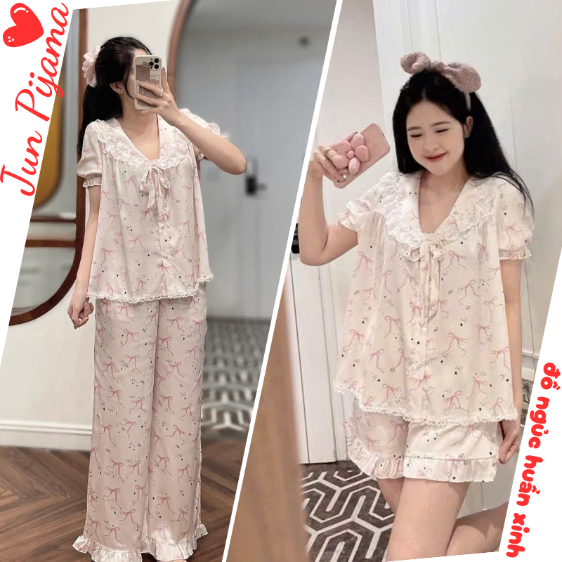 Set đồ ngủ nữ tay ngắn đùi họa tiết nơ dễ thương, bộ pijama nữ mặc nhà chất lụa mát mịn thoáng mát rộng rãi hcom25224