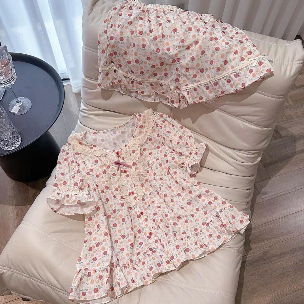 Set đồ ngủ nữ ray ngắn quần short kiểu công chúa có nơ xinh, bộ pijama nữ mặc nhà mùa hè thấm hut mồ hôi hcom25394