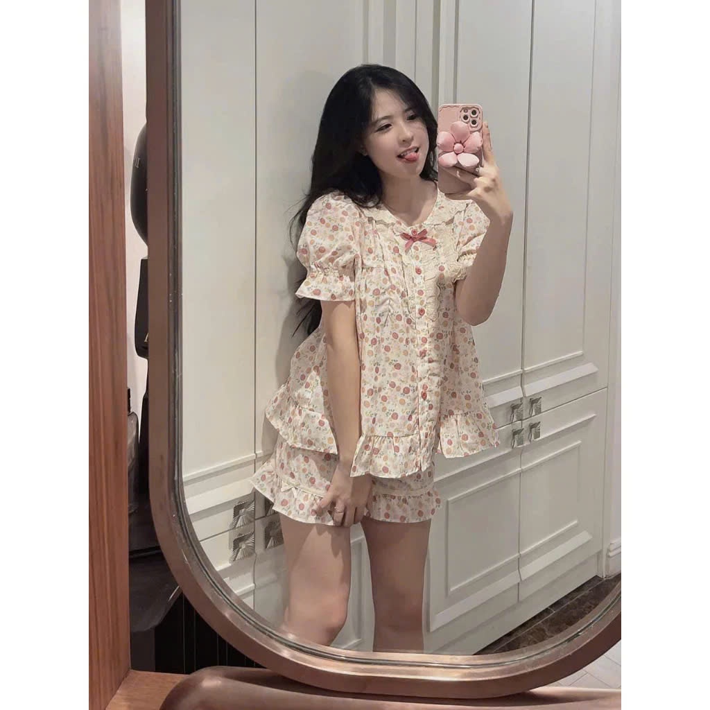 Set đồ ngủ nữ ray ngắn quần short kiểu công chúa có nơ xinh, bộ pijama nữ mặc nhà mùa hè thấm hut mồ hôi hcom25394