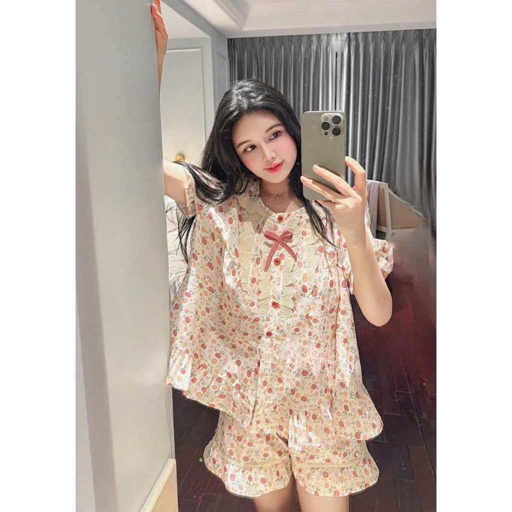 Set đồ ngủ nữ ray ngắn quần short kiểu công chúa có nơ xinh, bộ pijama nữ mặc nhà mùa hè thấm hut mồ hôi hcom25394