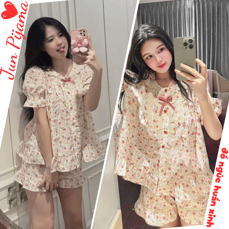 Set đồ ngủ nữ ray ngắn quần short kiểu công chúa có nơ xinh, bộ pijama nữ mặc nhà mùa hè thấm hut mồ hôi hcom25394