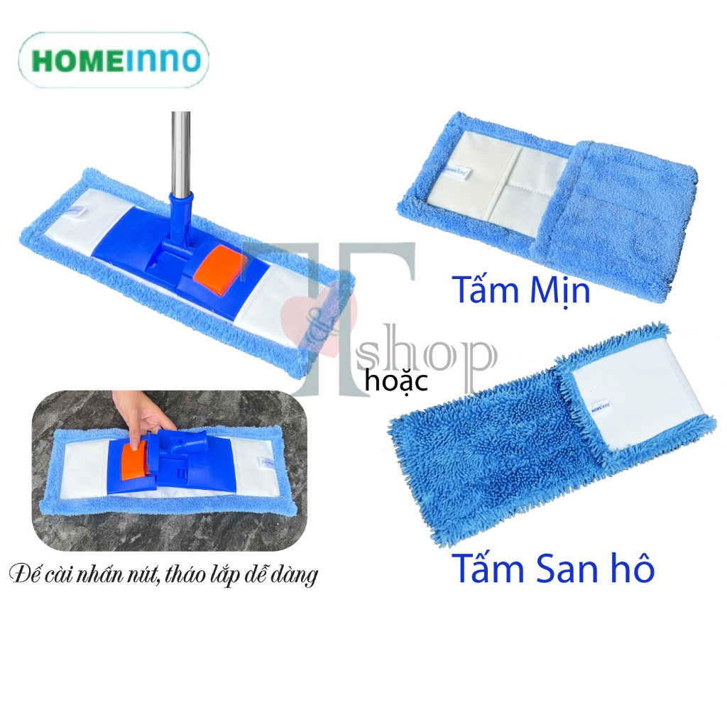 Cây Lau Nhà Inox Tấm Lau Microfiber Mịn / San hô 40cm Bản Nhựa Cài Homeinno CÁN THẲNG