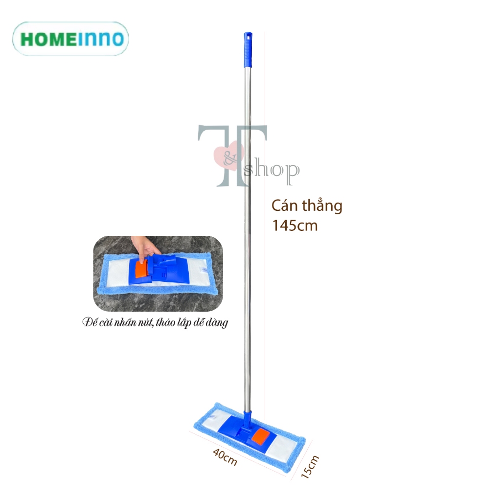Cây Lau Nhà Inox Tấm Lau Microfiber Mịn / San hô 40cm Bản Nhựa Cài Homeinno CÁN THẲNG