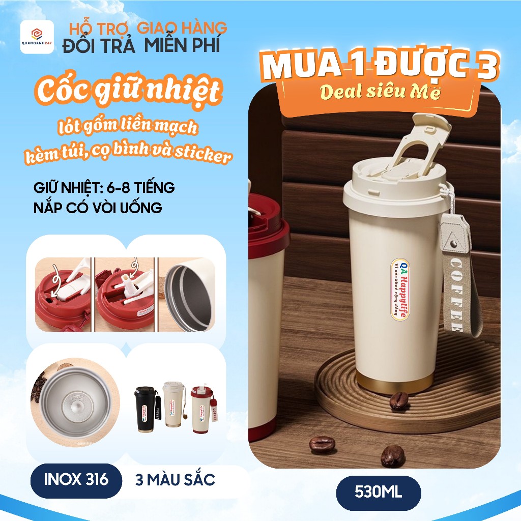 Cốc giữ nhiệt lót gốm liền mạch cách nhiệt,Thép không gỉ 316 QA Happylife giữ nhiệt 8-10h