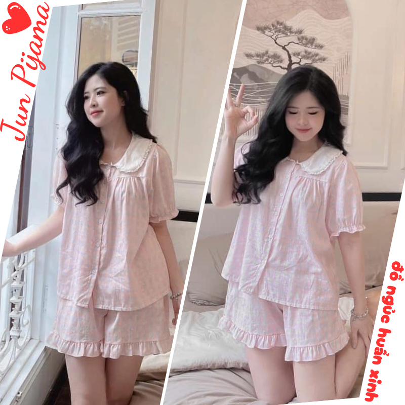 Set đồ ngủ nữ cộc tay cổ sen viền bèo họa tiết hoa nhí hồng pastel, bộ pijama nữ mặc nhà chất liệu lụa satin HCOM25152