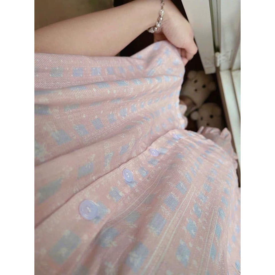 Set đồ ngủ nữ cộc tay cổ sen viền bèo họa tiết hoa nhí hồng pastel, bộ pijama nữ mặc nhà chất liệu lụa satin HCOM25152